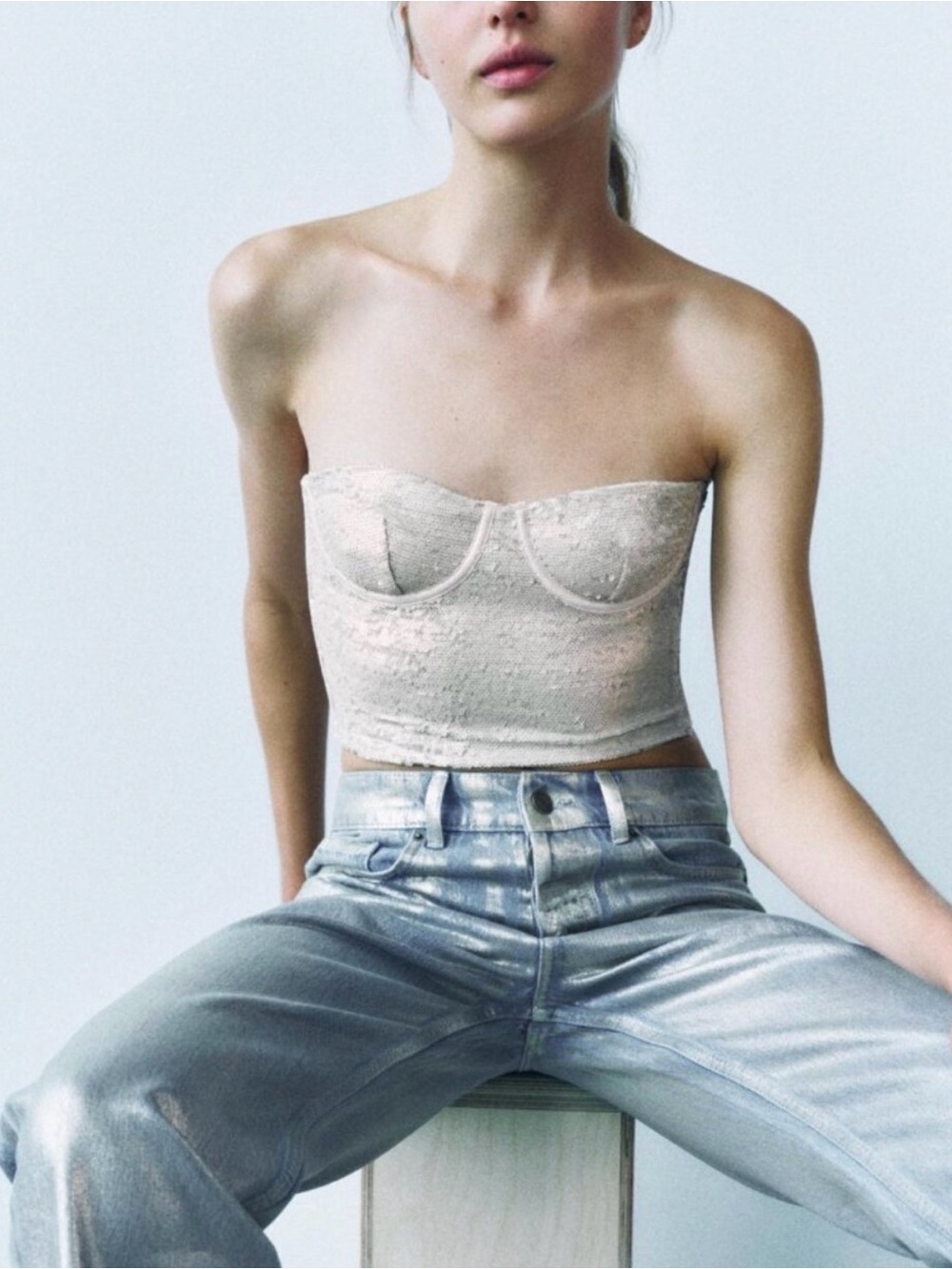 Zara Strapless Sequin Bustier Crop Top - Pale Champagne/Cream S